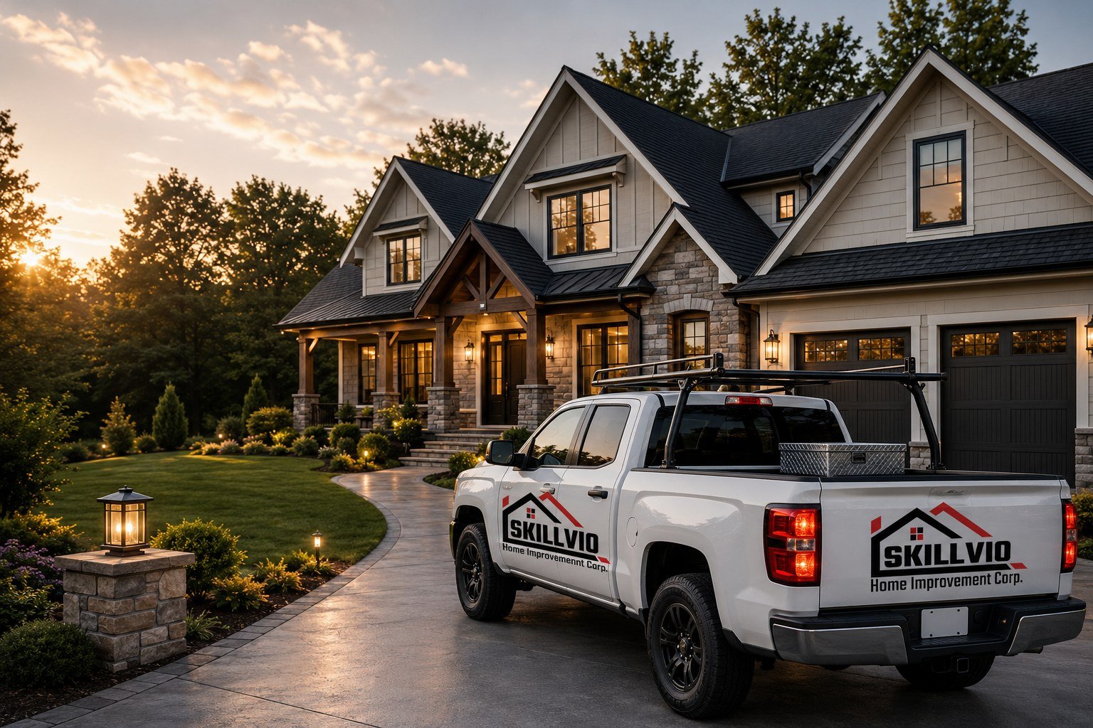 Skillvio Home Improvement Corp branded work truck outside a completed home project